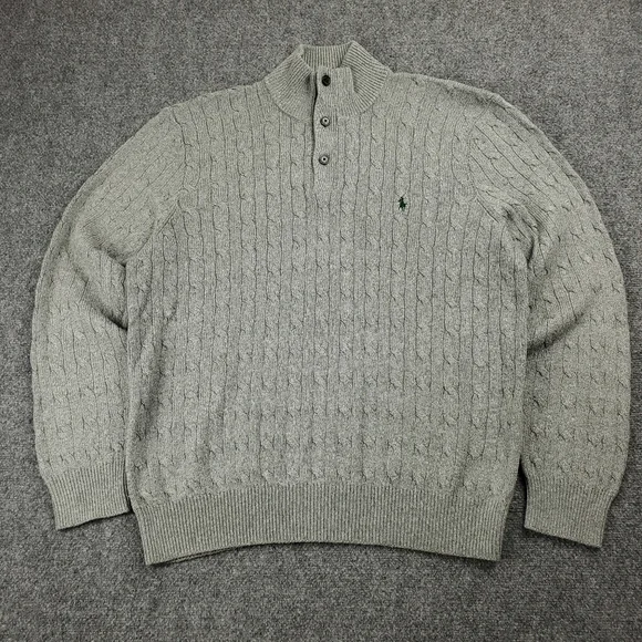 Polo Ralph Lauren Cable Knit Sweater Quarter Zip Mens 2XL 100% Tussah Silk Gray